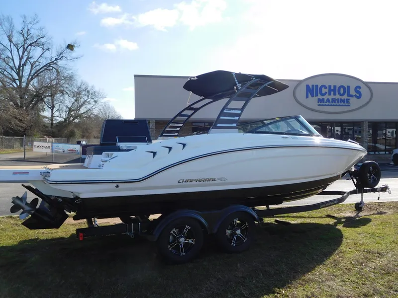 Slide: The Image of 2025 Chaparral 23 SSi boat on trailer at Nichols Marine dealership. - 0