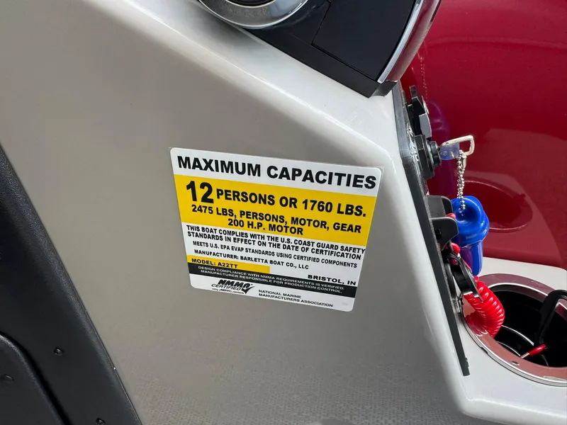 Slide: The Image of 2025 Barletta ARIA 22UC capacity label, maximum 12 persons or 1760 lbs, 200 HP motor. - 40