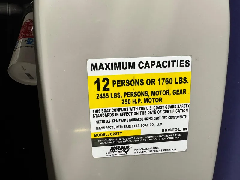 Slide: The Image of Capacity label on 2025 Barletta Cabrio 22UC, 12 persons or 1760 lbs, 250 HP motor. - 33