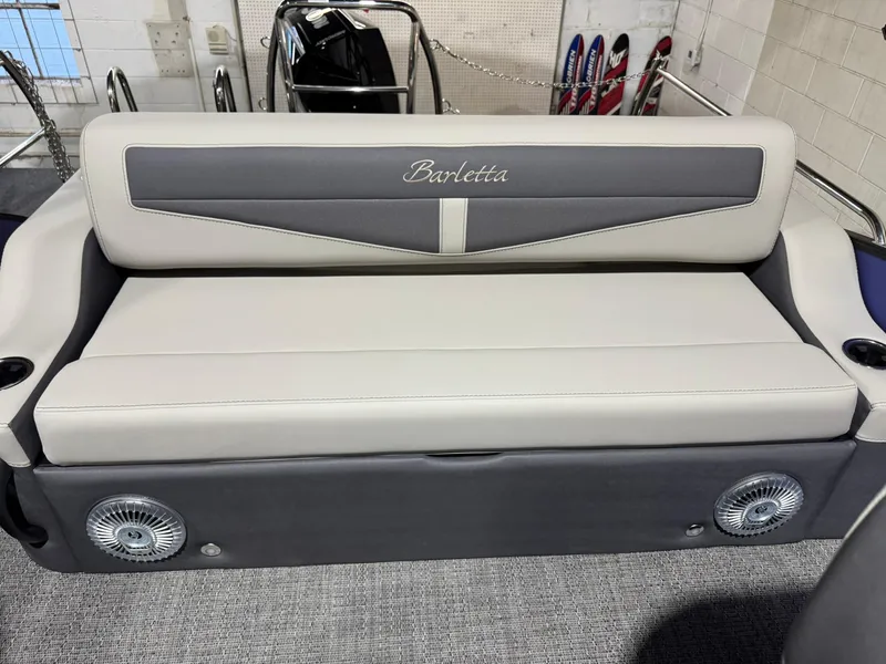 Slide: The Image of 2025 Barletta Cabrio 22UC boat seat with gray and white upholstery. - 34