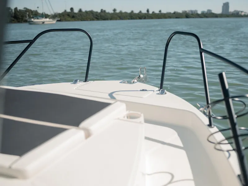 Slide: The Image of 2024 Bayliner Trophy T25PH boat on calm water, featuring sleek deck design. - 35