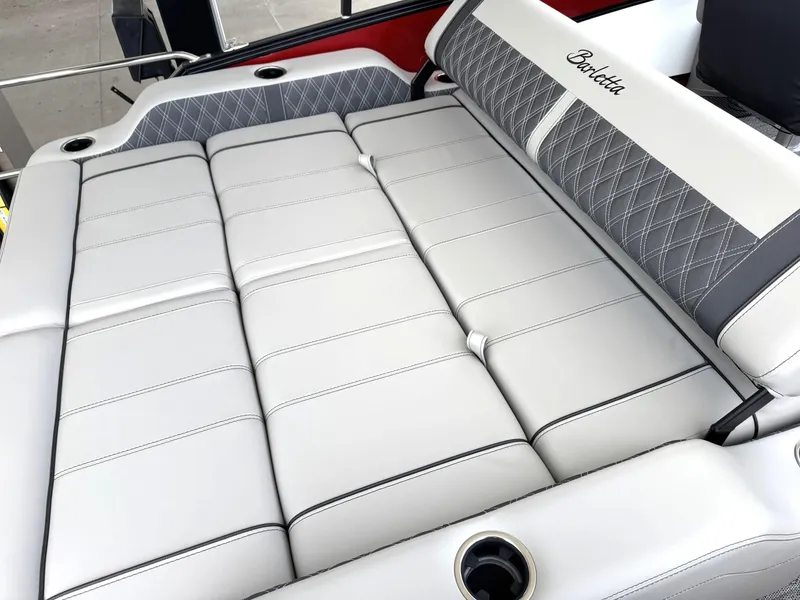 Slide: The Image of 2025 Barletta Lusso 23UC boat with luxurious white and gray seating, featuring diamond stitching. - 35