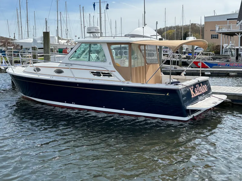 Slide: The Image of 2006 Back Cove 29 boat docked in marina, featuring sleek design and blue hull. - 16
