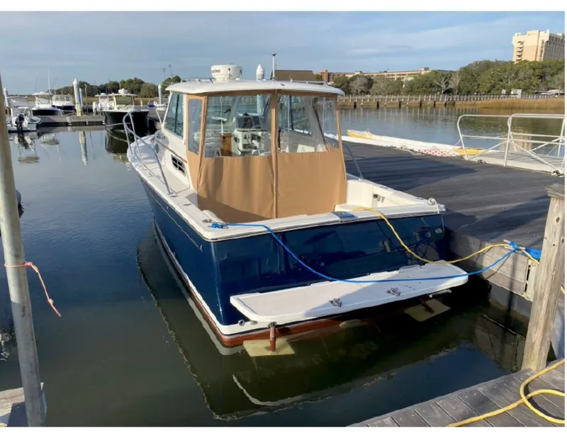 Slide: The Image of 2006 Back Cove 29 boat docked in a marina, featuring a blue hull and tan canopy. - 3