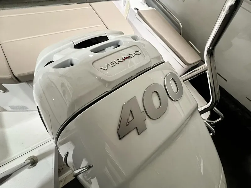 Slide: The Image of 2022 Axopar 28 CABIN with powerful Verado 400 outboard engine. - 26