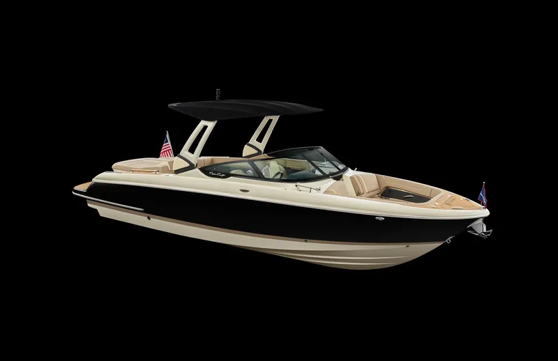 Slide: The Image of 2025 Chris-Craft Sportster 28 boat with sleek design and black hull on black background. - 29