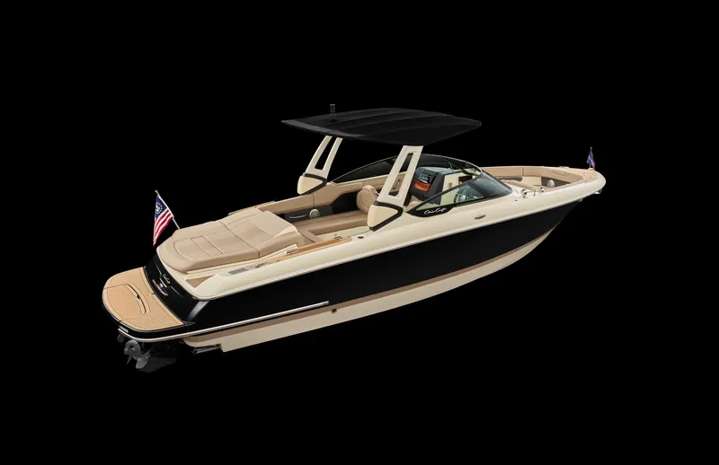 Slide: The Image of 2025 Chris-Craft Sportster 28 boat with sleek design, black hull, and beige interior. - 32