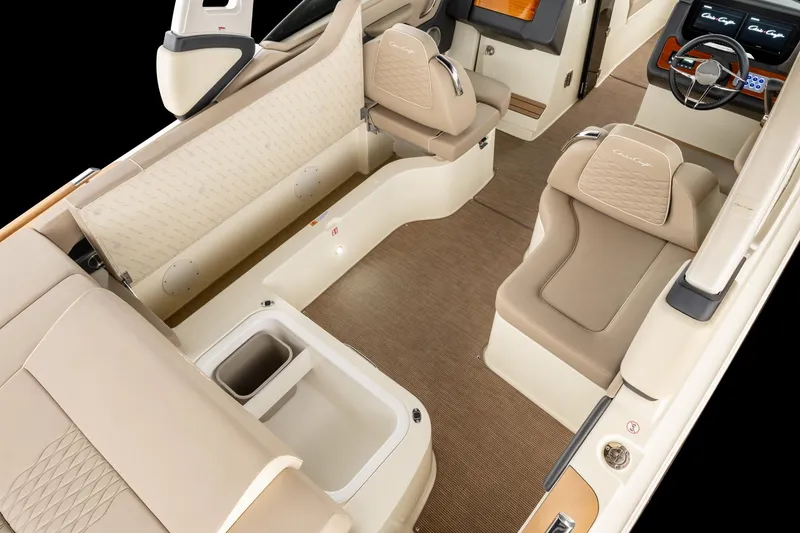 Slide: The Image of 2025 Chris-Craft Sportster 28 interior with luxurious seating and modern dashboard. - 40