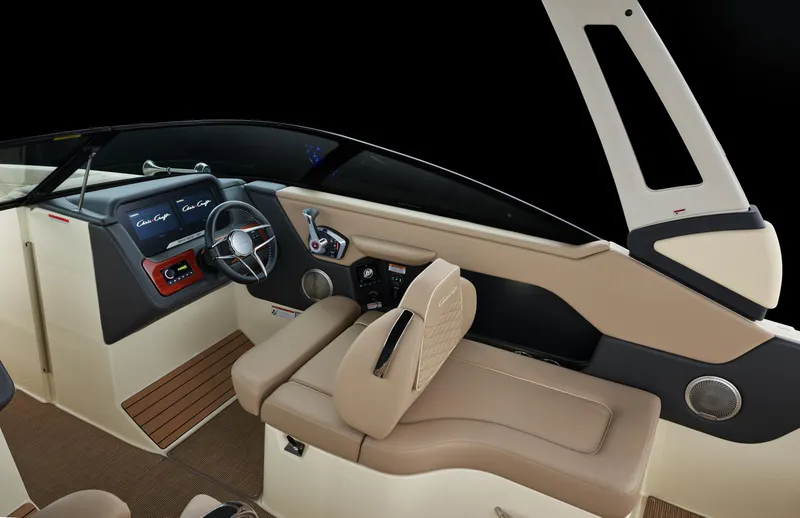 Slide: The Image of 2025 Chris-Craft Sportster 28 interior with sleek dashboard and luxurious seating. - 46