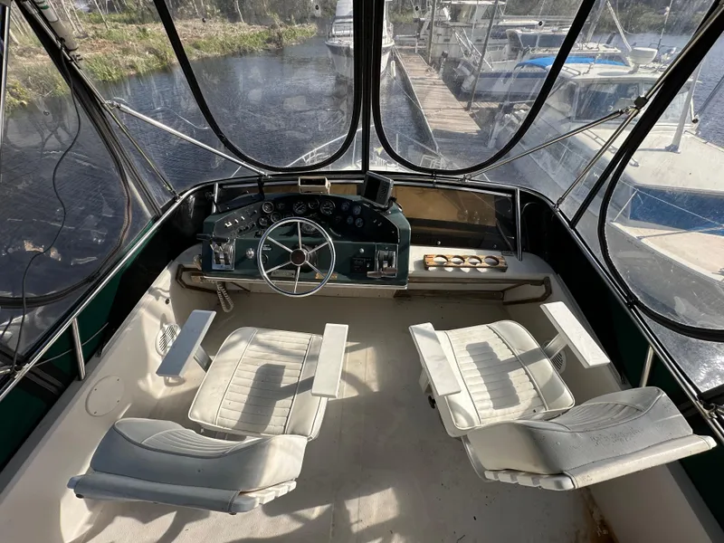 Slide: The Image of 1987 Sea Ray 300 Sedan Bridge helm with dual seats and panoramic view. - 22