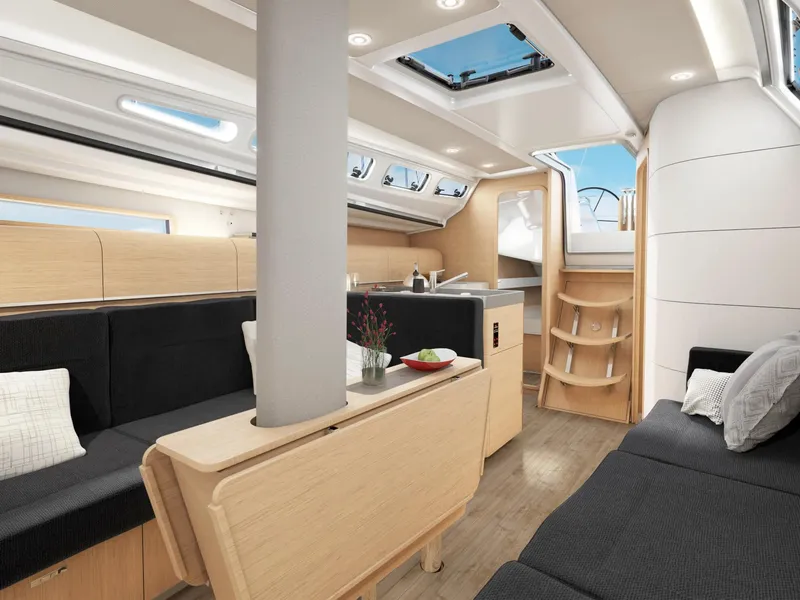 Slide: The Image of 2025 Dehler 38SQ yacht interior with modern design, featuring light wood finishes and spacious seating. - 14