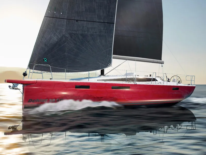 Slide: The Image of 2025 Dehler 38SQ sailboat with red hull and black sails on calm water. - 2