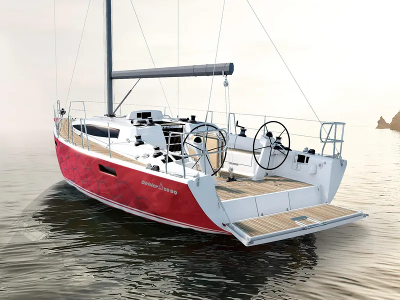 Slide: The Image of 2025 Dehler 38SQ sailboat with red hull, sleek design, and dual steering wheels on calm water. - 3