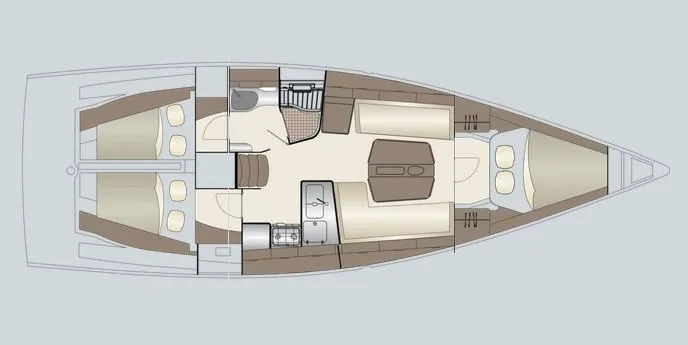 Slide: The Image of Floor plan of 2025 Dehler 38SQ yacht, featuring cabins, kitchen, and bathroom layout. - 9