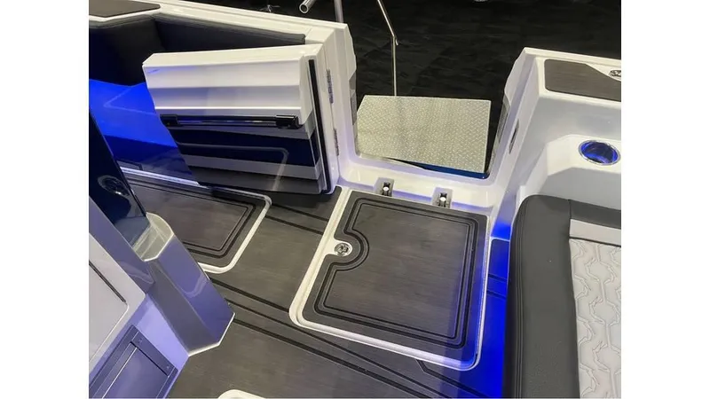 Slide: The Image of Interior view of 2025 Fountain 43 SCX boat with sleek design and blue LED lighting. - 15