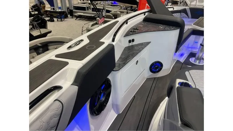 Slide: The Image of 2025 Fountain 43 SCX boat interior with sleek design and blue LED lighting. - 21