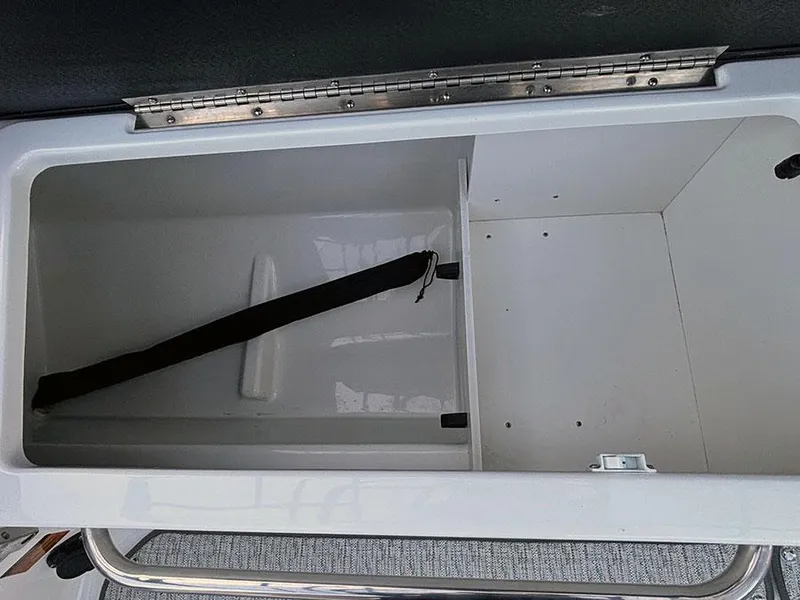 Slide: The Image of 2025 Sea Ray SLX 260 Outboard storage compartment with black strap and white interior. - 17
