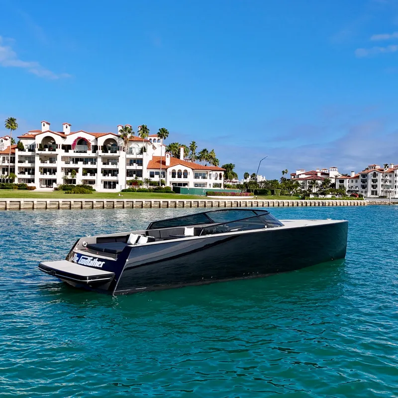 Slide: The Image of 2014 VanDutch 55 yacht on clear blue water near luxury waterfront homes. - 28