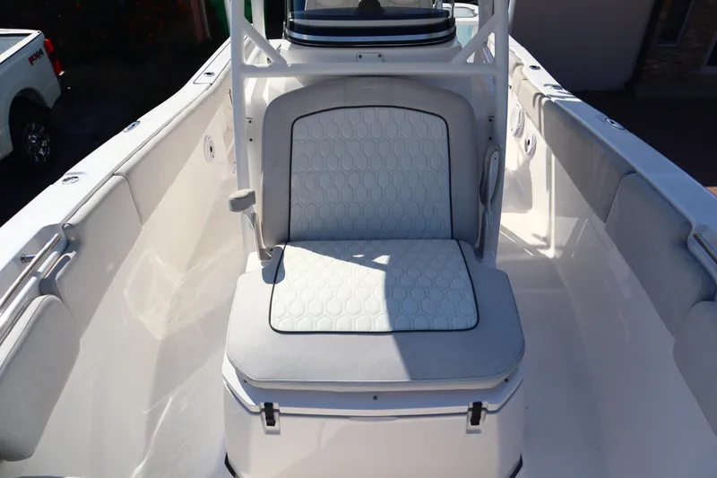 Slide: The Image of 2022 Sea Fox 288 Commander boat interior with cushioned seating. - 14