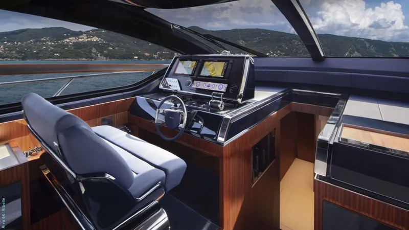 Slide: The Image of 2024 Riva 66' Ribelle luxury yacht docked, showcasing sleek design and modern features. - 11