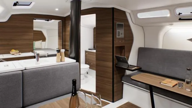 Slide: The Image of Luxurious interior of 2025 X-Yachts XR 41 sailboat with modern furnishings and sleek design. - 14