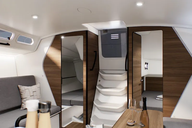 Slide: The Image of Luxurious interior of 2025 X-Yachts XR 41 sailboat with modern design and cozy seating. - 15