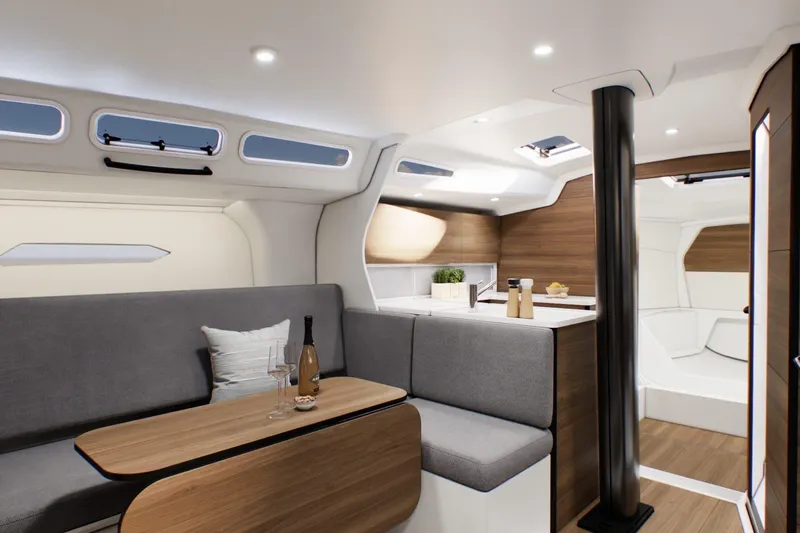 Slide: The Image of Modern interior of 2025 X-Yachts XR 41, featuring sleek design and comfortable seating. - 16