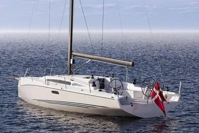 Slide: The Image of 2027 X-Yachts XR 41 sailing yacht on open sea with Danish flag. - 11