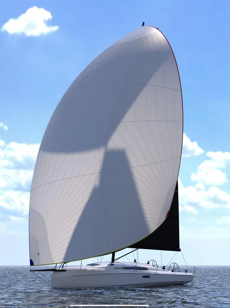 Slide: The Image of 2025 X-Yachts XR 41 sailboat on trailer at marina, side view. - 14
