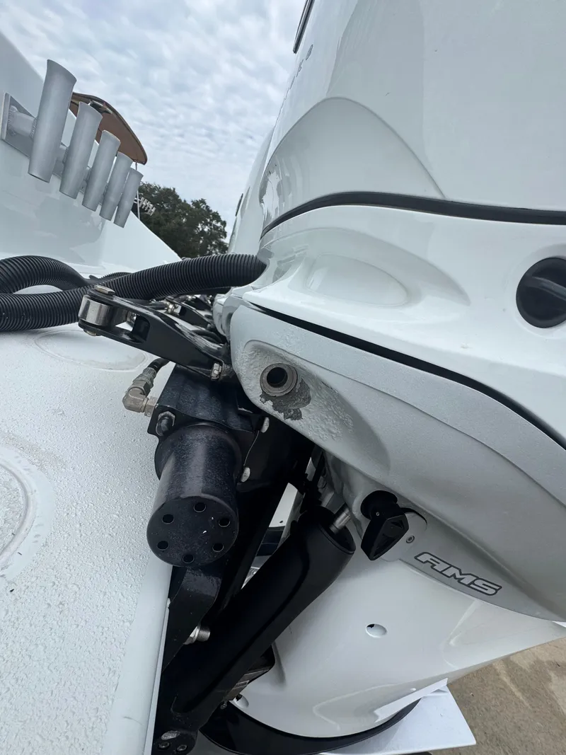 Slide: The Image of Close-up of a 2017 Yellowfin 39 Offshore boat engine detail. - 2