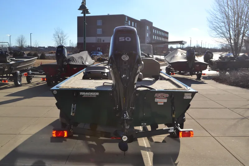 Slide: The Image of 2025 Tracker Bass Tracker Classic Limited boat on a trailer, rear view. - 3