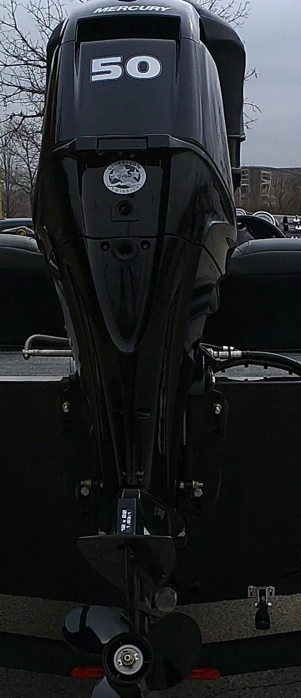 Slide: The Image of 2025 Tracker Pro 170 boat engine, black, 50 horsepower, outdoor setting. - 4