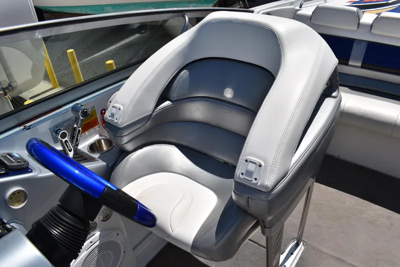 Slide: The Image of 2008 Formula 353 FASTech boat interior with sleek, modern seating and steering wheel. - 21