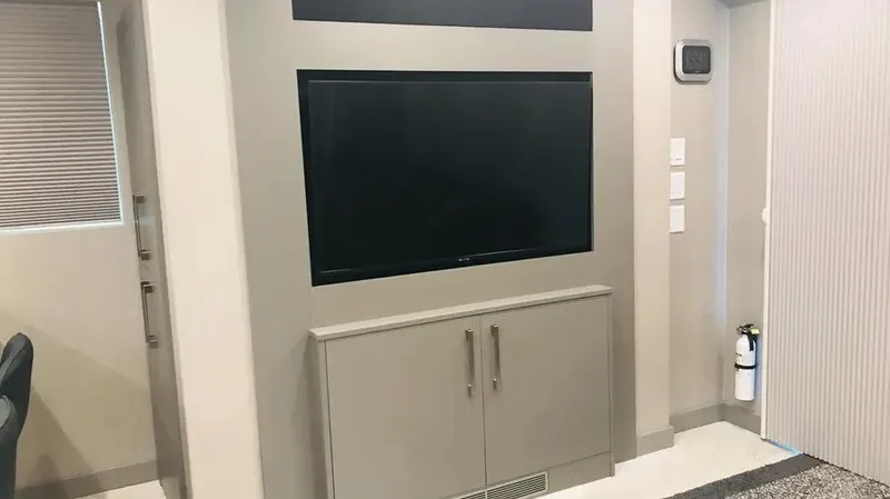 Slide: The Image of Modern interior with wall-mounted TV and cabinet, Adonia Inspiration Trip #14, 2019. - 9