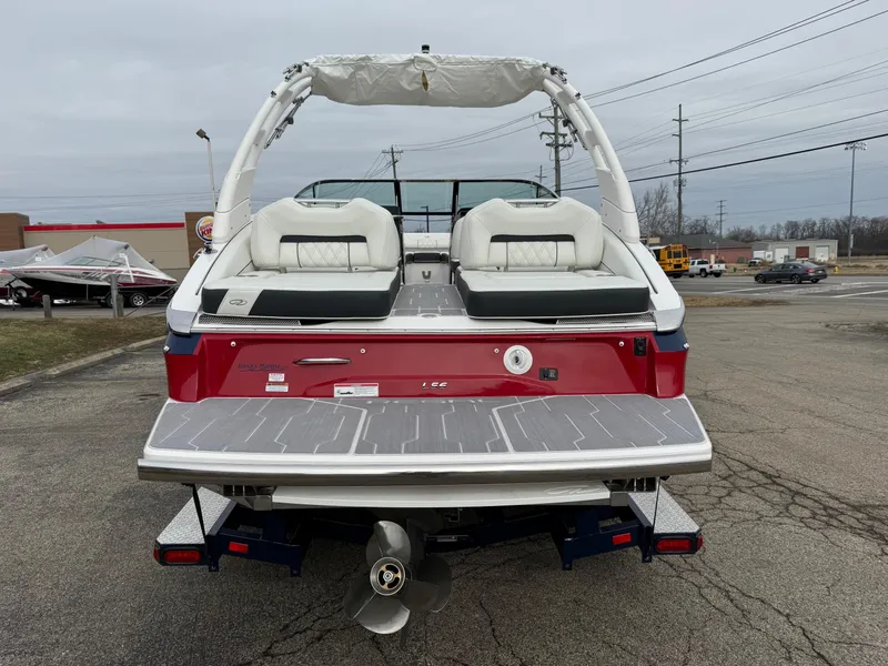 Slide: The Image of 2023 Regal LS6 boat, rear view, red and white design, parked on a trailer. - 9