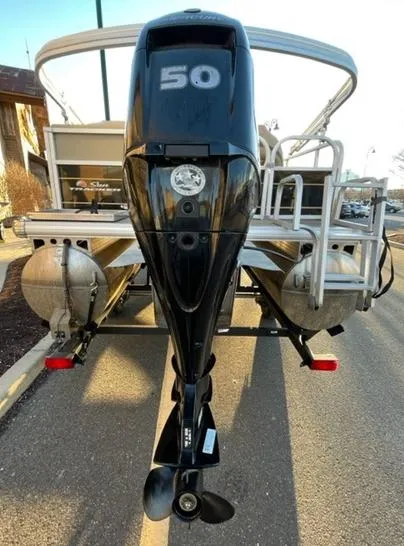 Slide: The Image of 2022 Sun Tracker BB16 boat with a 50 HP outboard motor, rear view. - 3
