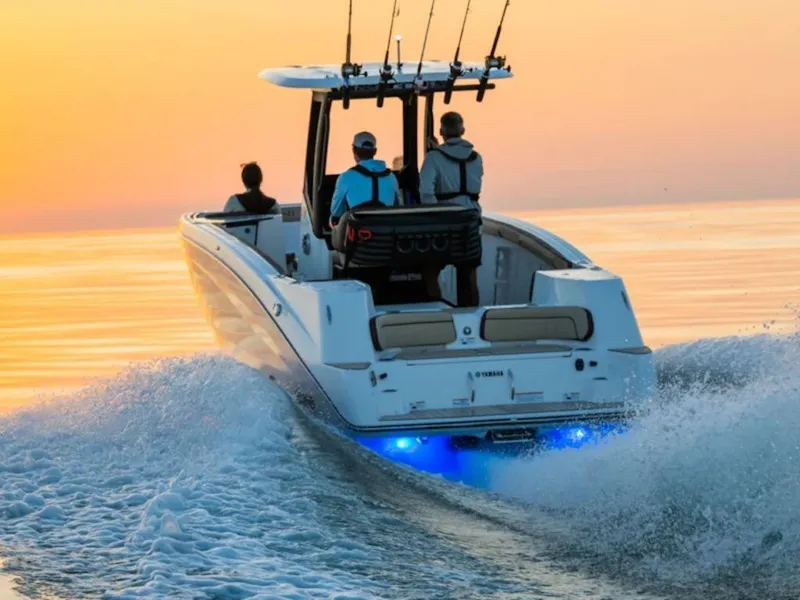 Slide: The Image of 2025 Yamaha Boats 255 FSH Sport H cruising at sunset with fishing rods. - 7