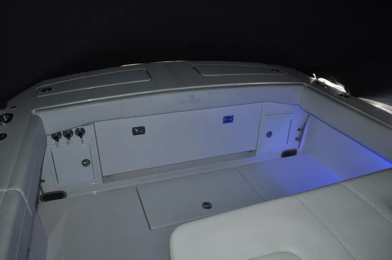 Slide: The Image of 2023 Regulator 34 boat interior with storage compartments and ambient lighting. - 11