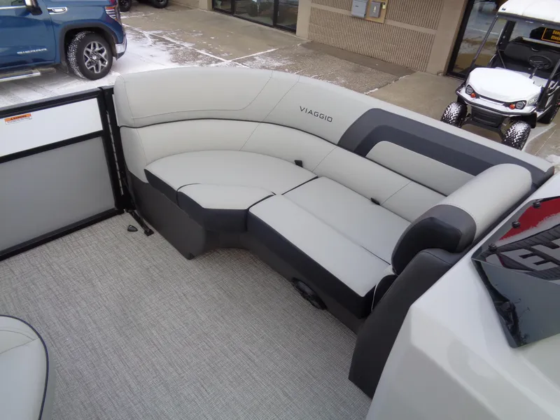 Slide: The Image of 2023 Viaggio LAGO V 22E boat interior with sleek, modern seating design. - 10