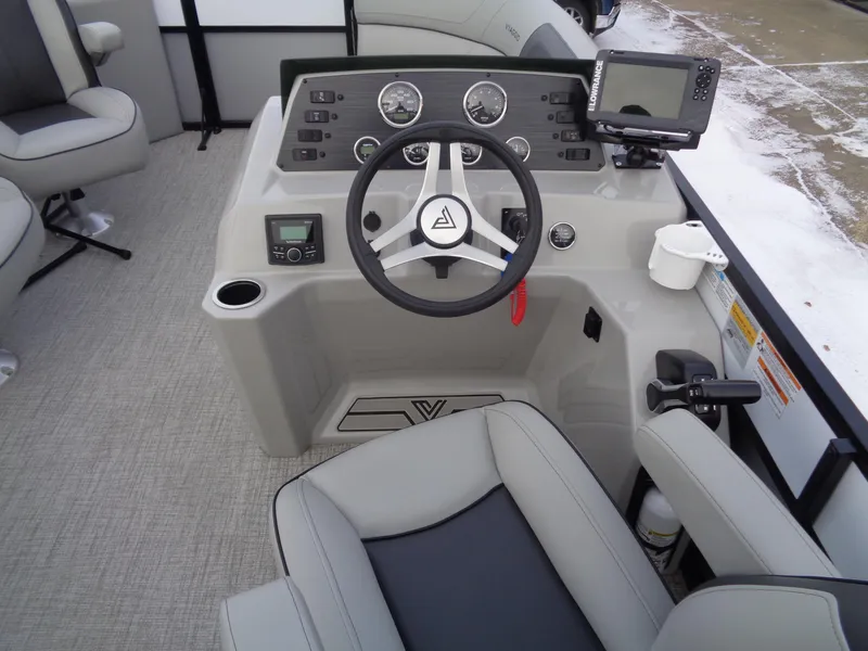 Slide: The Image of 2023 Viaggio LAGO V 22E boat cockpit with steering wheel and control panel. - 8