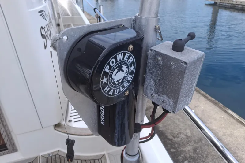 Slide: The Image of Power hauler equipment on 2017 Nimbus 405 Flybridge boat, dockside view. - 11