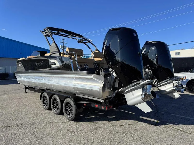 Slide: The Image of 2025 Avalon 2585 27-3 Excalibur LTD QL pontoon boat on trailer, dual engines. - 7