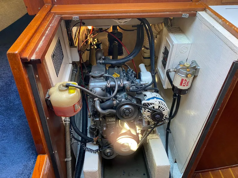 Slide: The Image of 1982 Morgan 32 engine compartment with visible components and wiring. - 40