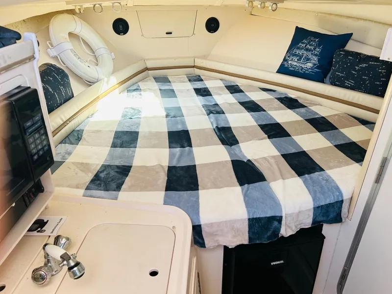 Slide: The Image of 2002 Grady-White Express 265 cabin interior with checkered bedding and compact amenities. - 16