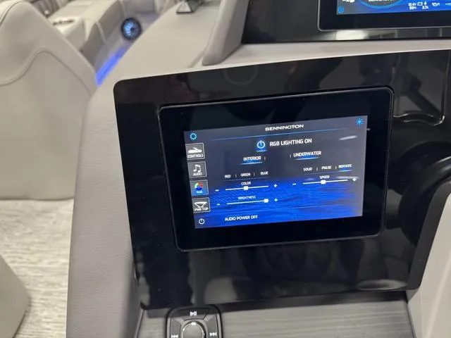 Slide: The Image of 2025 Bennington Q Quad Bench 25 QFB control panel with RGB lighting settings. - 5