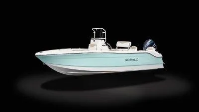 Slide: The Image of 2025 Robalo R160 Center Console boat with sleek design on black background. - 13