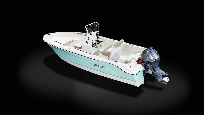 Slide: The Image of 2025 Robalo R160 Center Console boat with outboard motor on black background. - 18