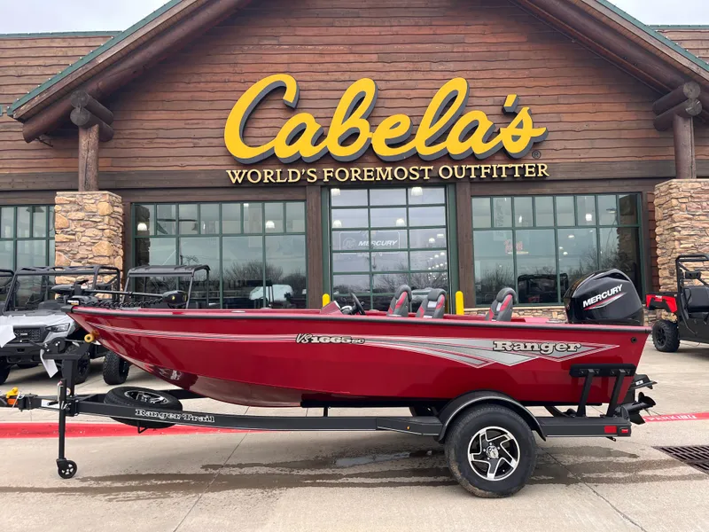 The Image of 2025 Ranger VS1665SC boat displayed outside Cabela's store. - 0