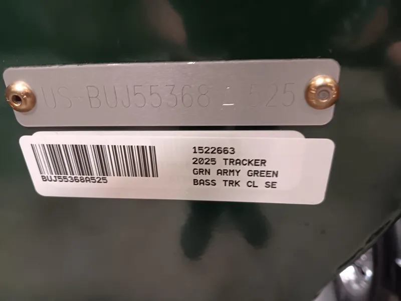 Slide: The Image of 2025 Tracker Bass Tracker Classic Limited, green, serial number plate and barcode. - 7