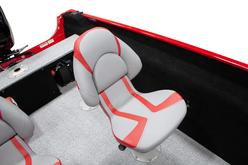 Slide: The Image of 2025 Smoker Craft Lazer 161 boat interior with gray and red seating. - 2